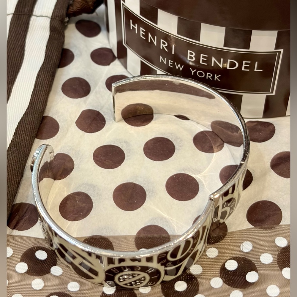 HENRI BENDEL Cream and Brown Enamel Logo Bangle Cuff w/Gold Accents & Crystals - Picture 8 of 16